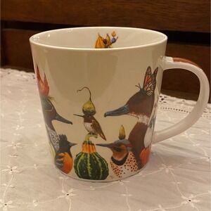 Vicki Sawyer PPD "The Entourage" Bird Mug Autumn Foliage Hats Whimsical Bird Art